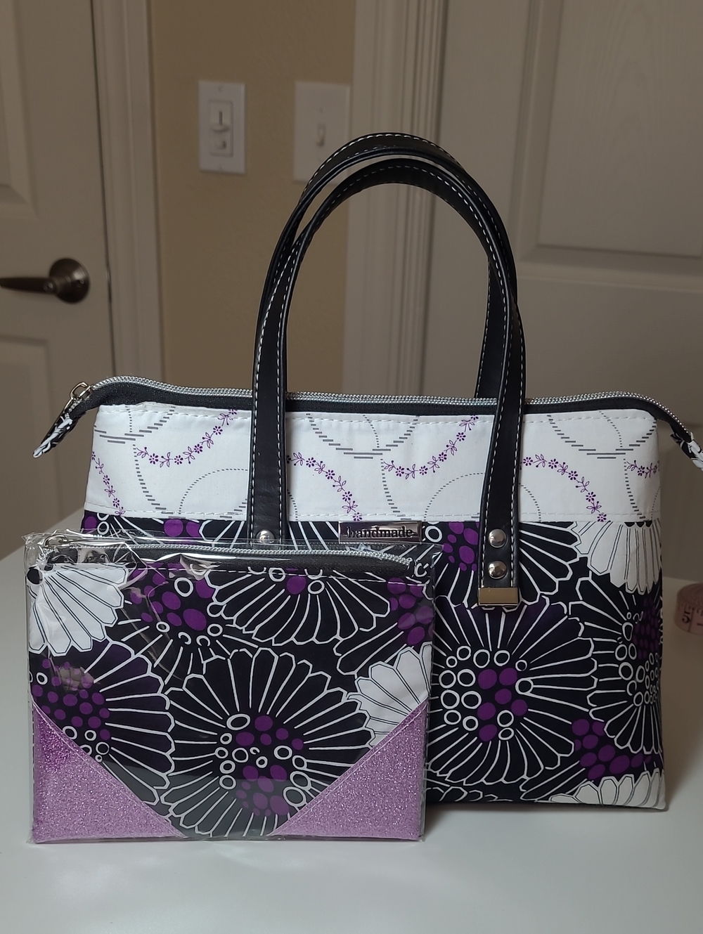 Hand Crafted Black & Purple Floral Satchel with Matching Pouch